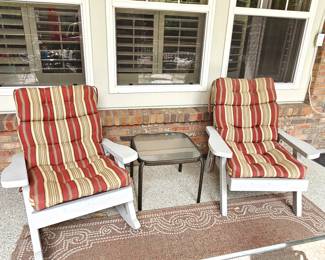 Set of Two Solid Wood Patio Chairs Painted Grey with Nice Seat Cushions Paired with Glass Outdoor Table