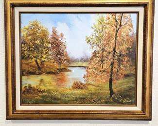 Original Oil Painting on Canvas Signed by Artist Lu Grant - Framed 25" x 21" - Landscape Art