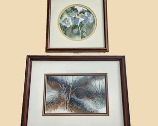 Set of Tow Original Watercolors by Different Artists - Karen Heber with Winter Trees & Carolyn Evridge with Flowers