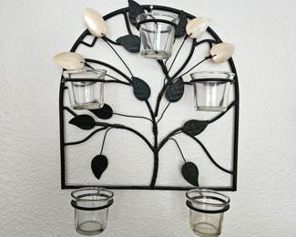  Black Metal Wall Handing Decor with 5 Glass Tea Light Holders and Shell Leaves for a Pretty Accent

