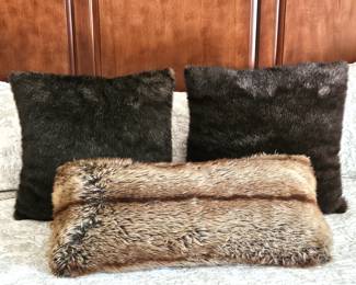 Set of Three Faux Fur Throw Pillows: One 24" Lumbar and Two 14" Square Mink Look Pillows