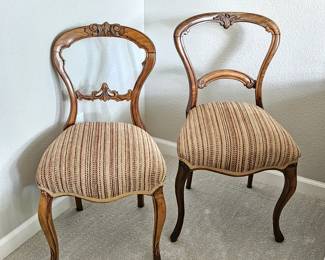  Pair of Antique Carved Wood Side Chairs – Victorian Balloon Back, Striped Upholstery 18x16