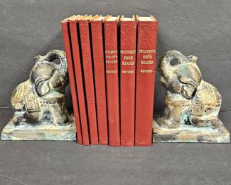 1907 McGuffey’s Eclectic Readers – 7 Book Set Revised Edition w/ Heavy Iron Elephant Bookends (Japan)