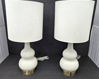 Set of Two Small 18" Table Lamps in White Milk Glass and White Drum Shades
