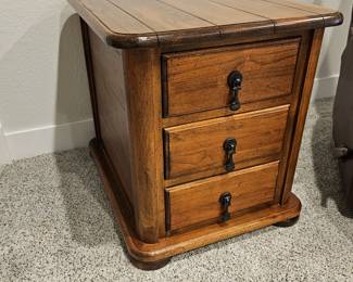  Solid Oak Warm Tone End Table with Three Drawers and Iron Drawer Pulls
