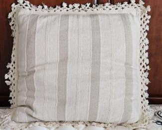 22" Square Decorative Throw Pillow with Fringe – Neutral Striped Accent Cushion