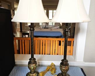 - Lot of Two Buffet Table Lamps each 30" Tall with Multi Colored Crackle Paint and White Shades