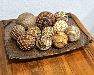  Decorative Copper Footed Tray Holding Decorative Textured Balls - Tray Measures 16x11