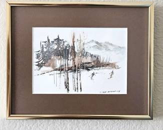  Small Original Watercolor Signed by Artist Dick ? - Winter Scene with Skiers - 8" x 10" Framed
