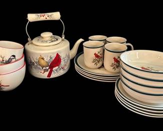 Holiday Cardinal Teapot, Mugs, Plates, Bowls