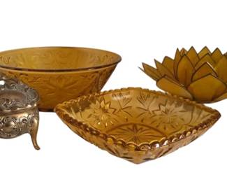 Vintage Art Nouveau Brass Jewelry Boxes, Amber Glass Dishes More