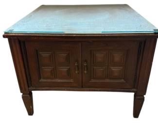 MidCentury Square End Table Cabinet With Glass Top
