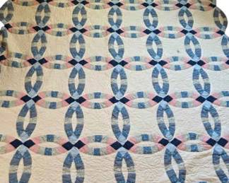 009 Vintage Hand Sewn Quilt, Pink Blue Double Wedding Ring 80 x 80