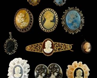 Vintage Cameo Jewelry Brooches, Rings, Pendants