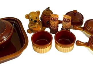 Brown Glazed Pottery Dishes, Owl SP Shakers, Honey Jars