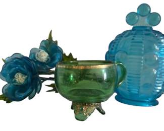 Vintage Turqouise Blue Indiana Glass Lidded Dish, Green Cedar Point 1911 Souvenior Cup, More