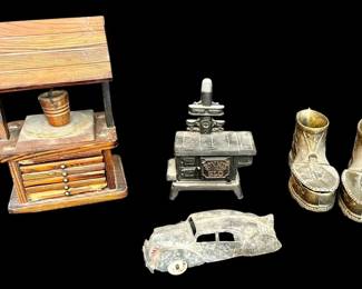 Vintage Wishing Well Coaster Holder, Brass Boot Ashtray, Bonnie Glo Dollhouse Stove Brass Car