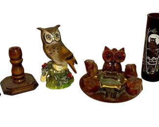 Variety Of Owl Decor Candles, Ash Tray, Figurine 2 Wooden Candle Holders