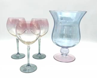 59 ColonyPinkTulipBalloonGlassesandIridescentBlueandPinkVase