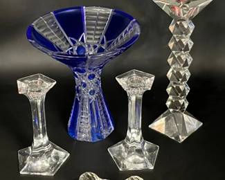 63 LeadCrystalCandleSticksandBlueBohemianCuttoClearVase