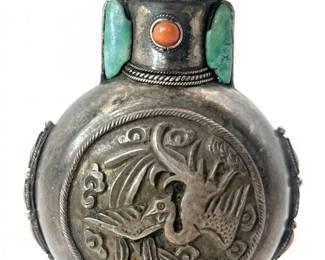 12 ChineseHandChasedSnuffBottlewithTurquoiseCoralEmbellishments