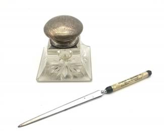 37 AntiqueLeadCrystalInkWellandVintageLetterOpener