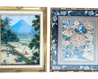 83 BalineseOilPaintingandFramedFloralEmbroidery