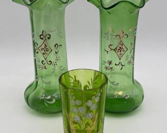 22 AntiqueBohemianGreenRuffleToppedVasesandDrinkingGlass