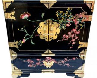 62 ChineseBlackChinoiserieFloralCabinetwithBrassAccents22Tall