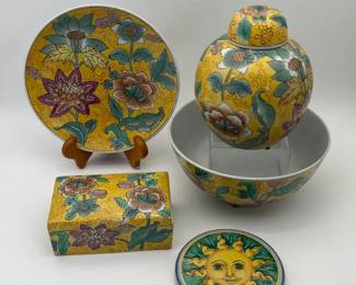 43 VintageMadeinChinaYellowGreenPotteryHandmadeSunTrivet