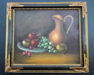 60 FruitBowlandPitcherStilllifeOilwithDramaticGoldBlackFrame