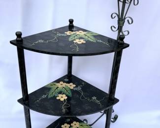 95 PaintedWoodCornerShelfandTallMetalScrollCandleHolder