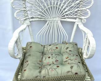 99 WhitePaintedWickerChairwithGreenCushion