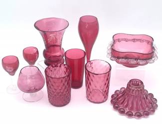 38 FlashedCranberryGlassLotDishesGlassesandCandleHolder