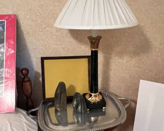 Easter Island carvings, lamp and tray side table