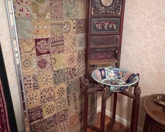 Framed tapestry & carved stand