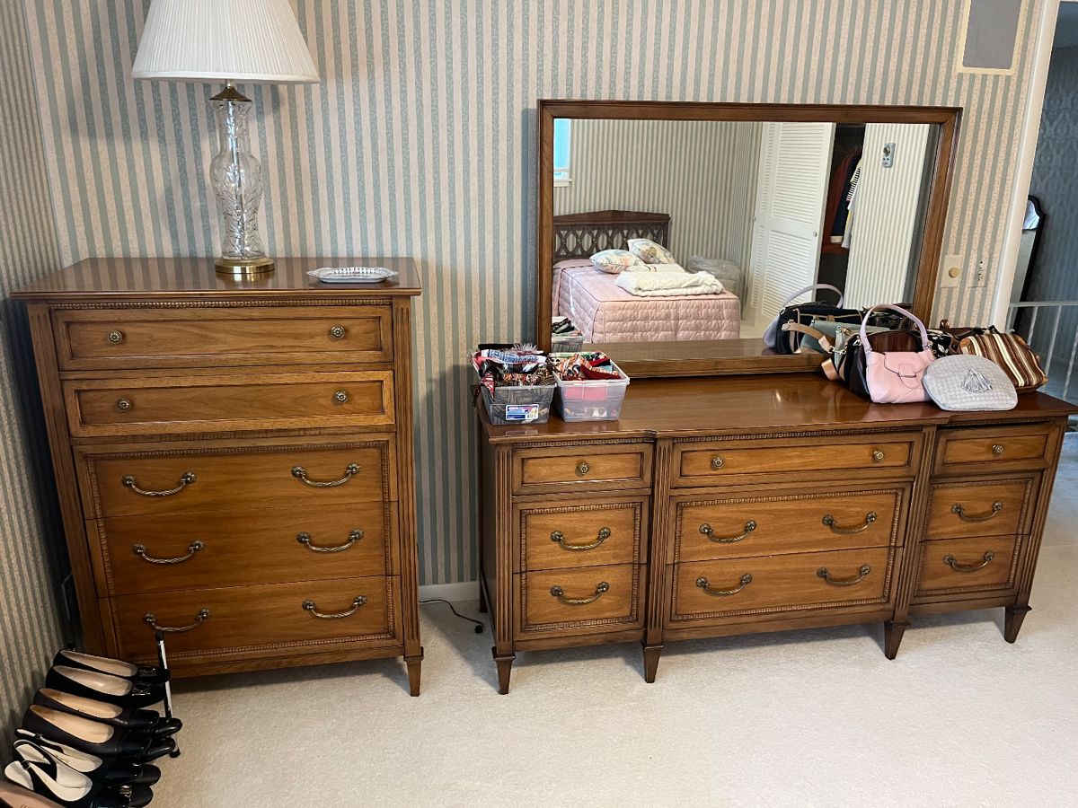 Mid-century Drexel walnut chest of drawers (right); Mid-century Drexel walnut dresser with mirror.