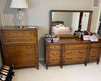 Mid-century Drexel walnut chest of drawers (right); Mid-century Drexel walnut dresser with mirror.