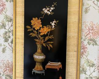 Closer view of one of a pair of Chinese-inspired lacquer wall hangings by early 20th-century Grand Rapids furniture artist David Hazy.