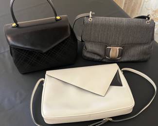 Many designer handbags/purses to be sold, including these by Ferragamo. Many others shown in photos below.