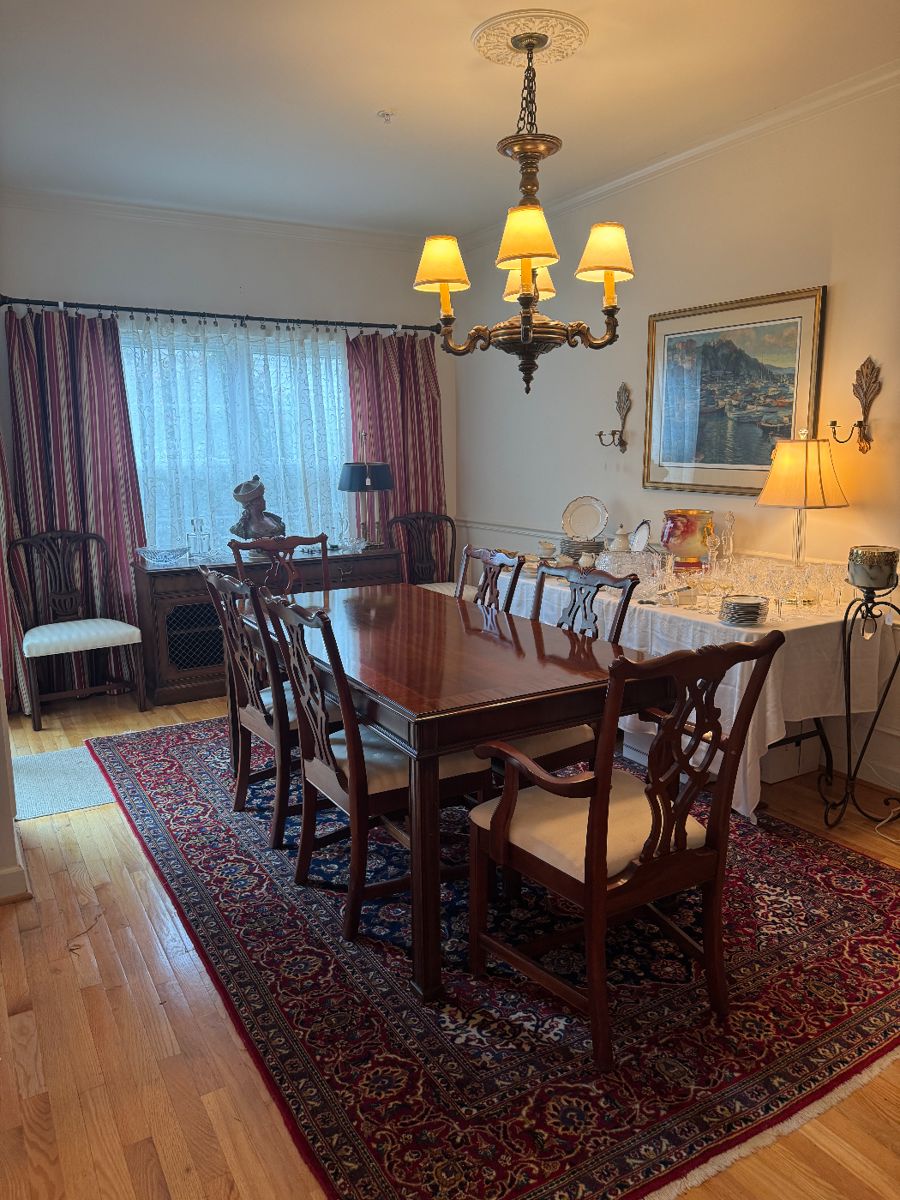 Council Craftsman Mahogany Desk / Dining Table (36"W x 72"L x 30"H) with Chippendale Style Mahogany Frame / Upholstered Seat Dining Chairs (2 Armchairs & 4 Side Chairs) - RUG NOT FOR SALE