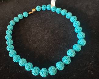 14K Gold Clasp with Turquoise Carved Beaded Necklace