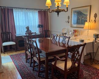 Council Craftsman Mahogany Desk / Dining Table (36"W x 72"L x 30"H) with Chippendale Style Mahogany Frame / Upholstered Seat Dining Chairs (2 Armchairs & 4 Side Chairs) - RUG NOT FOR SALE