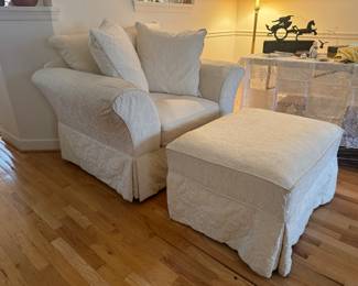 White Upholstered Armchair (42"D x 52"W x 32" Back Height) with Ottoman (33"W x 26"D x 19"H)