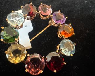18K Gold Multi-Gem Stone Brooch