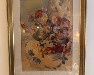 Framed Original Watercolor Floral Still Life Signed Ellen Glines (31"W x 39"H)