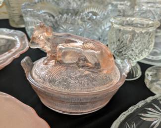 Pink depression glass Cow on a Nest dish