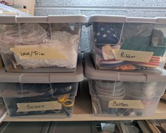 Ribbons, buttons, scissors, lace etc