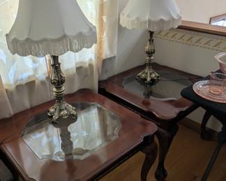 Pair of top side tables with glass-centered insert and table lamps