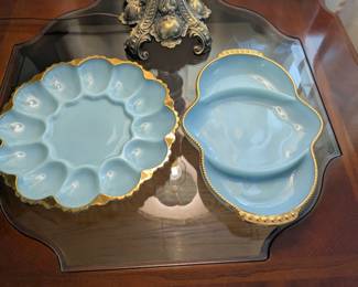 Fire King Delphite Blue egg plate and divided serving dish